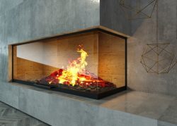 3d,Illustration.,Modern,Glass,Corner,Fireplace,In,The,Interior,In